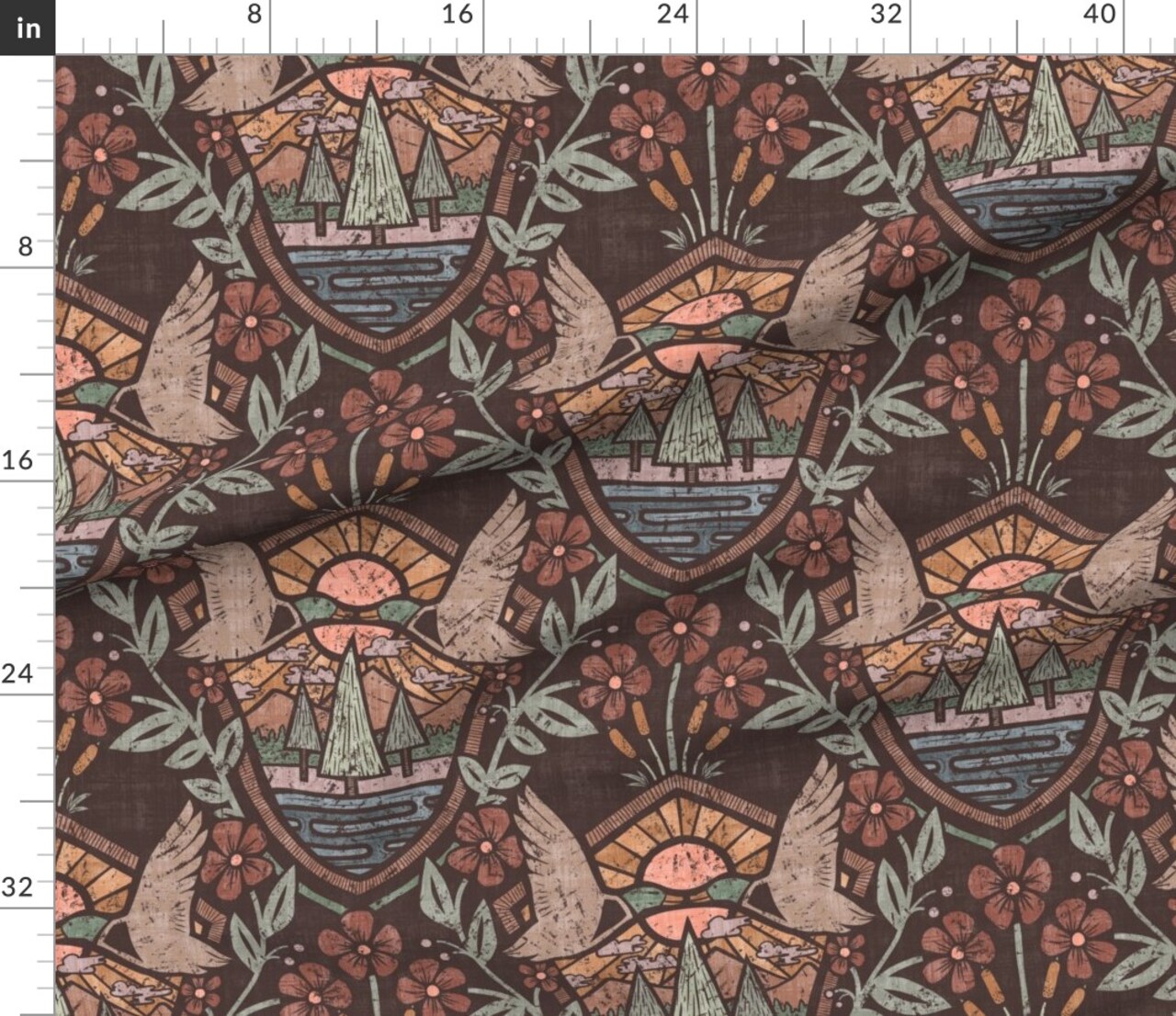 Cabincore Wildlife Camp Woodland Floral Botanical Autumn Sunshine Retro Camping Lake House Rustic Cabin Lodge Hunting Lodge Nature Large Scale Custom Printed Fabric by Spoonflower Various Fabrics by the Yard or Fat Quarter